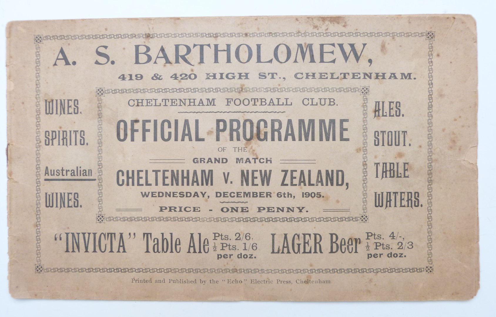 1905 Cheltenham v New Zealand - All Blacks Rugby Programme